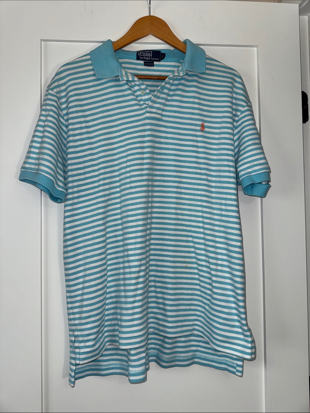 Polo Ralph Lauren Men’s Aqua and White Striped Polo Sz Large 100% Cotton